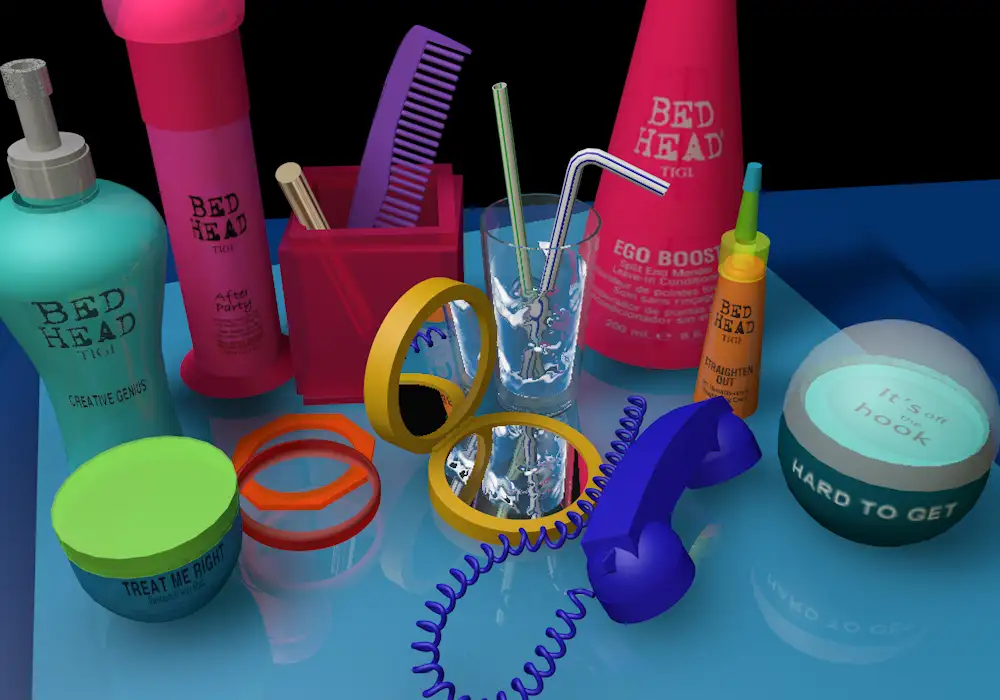 3D product illustration featuring hair care products and a retro telephone, combining commercial still life with nostalgic elements.