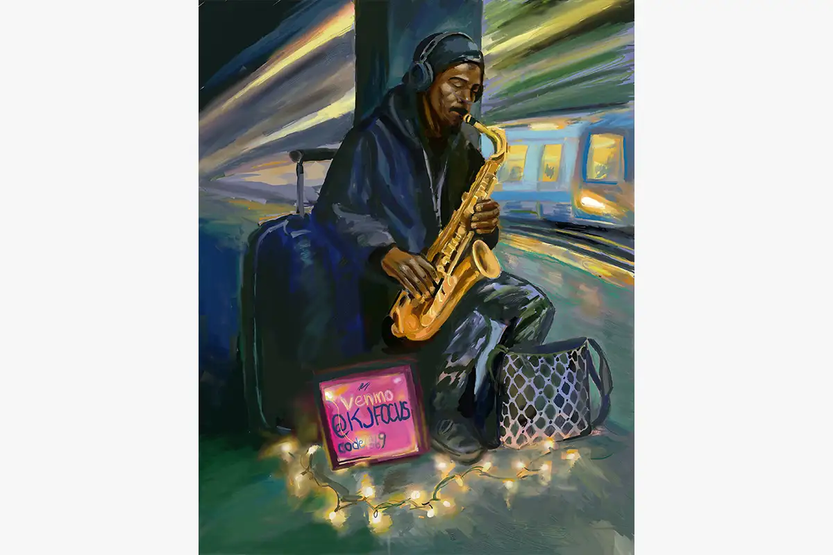 Painting of a street saxophone musician at Civic Center BART station in San Francisco with a train passing in the background