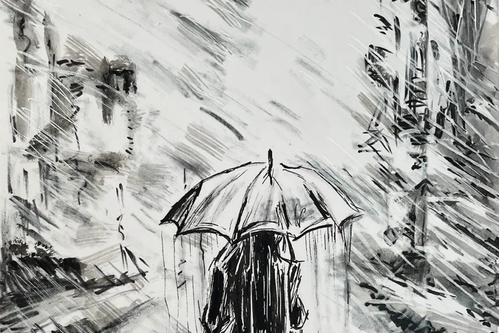 Expressive city life illustration by Liza Dzines featuring a lone figure with an umbrella rendered in bold, rainy ink brushwork for a professional fine art portfolio.