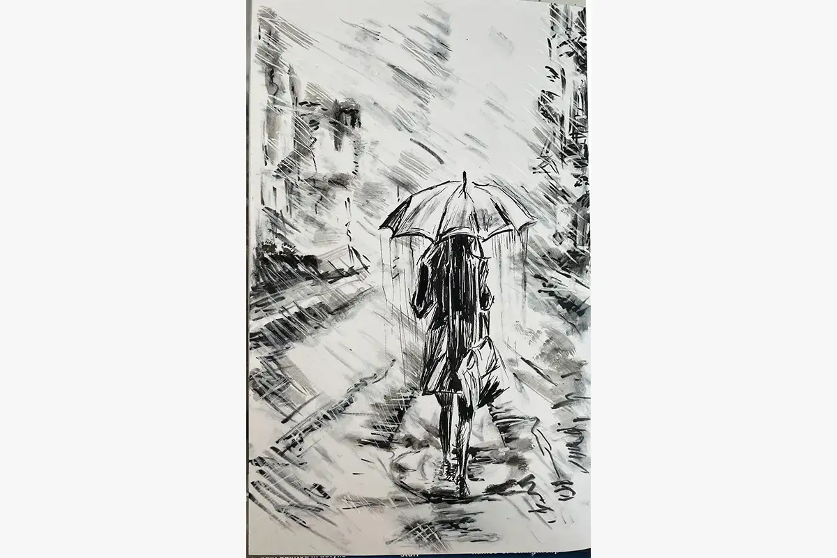 Ink wash painting of a figure walking with an umbrella in the rain along a city street