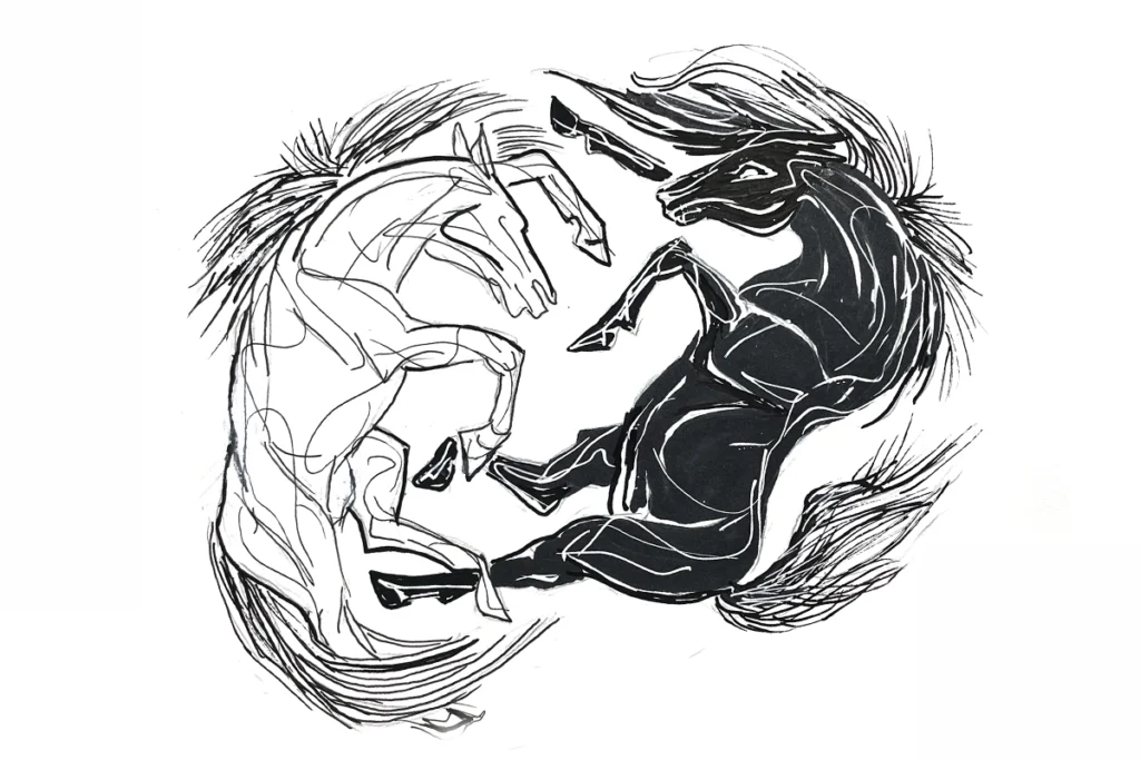 Fine art ink sketch by Liza Dzines featuring two horses in a circular, mirrored composition with bold black brushwork and fluid lines.