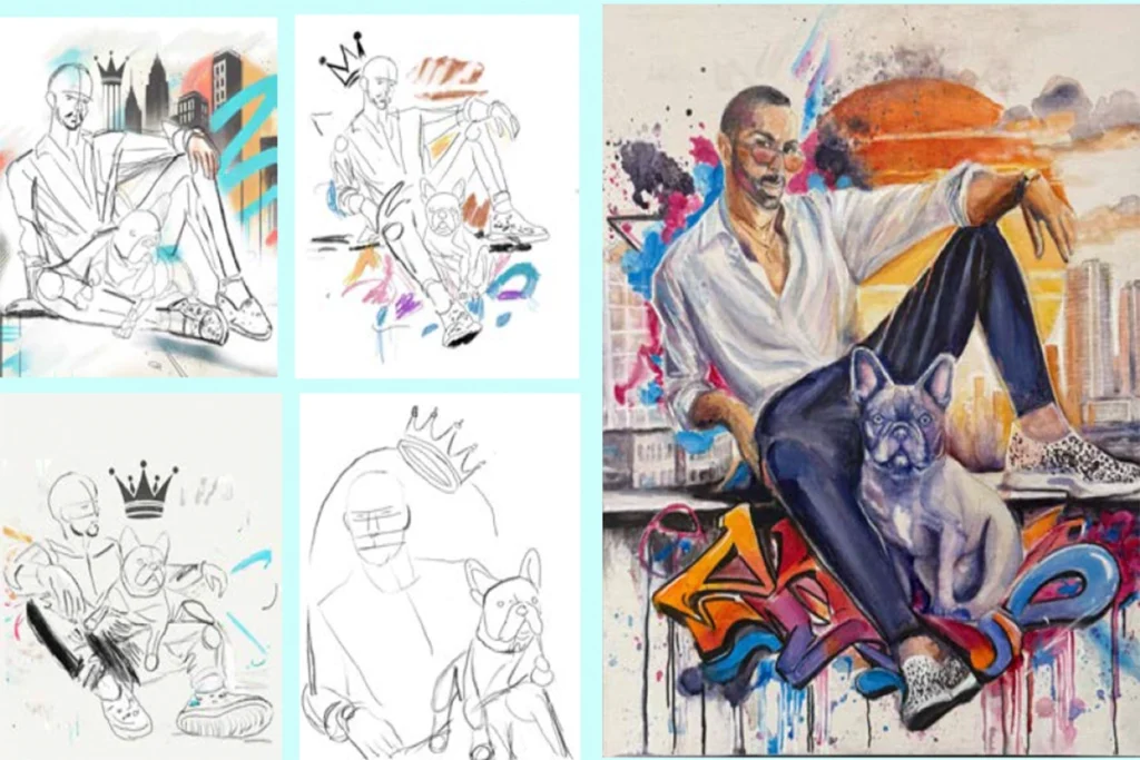 A illustration showing the multi-step fine art reconstruction process by Liza Dzines, starting from rough concept sketches to a final, vibrant watercolor and ink portrait of a man and his French Bulldog.
