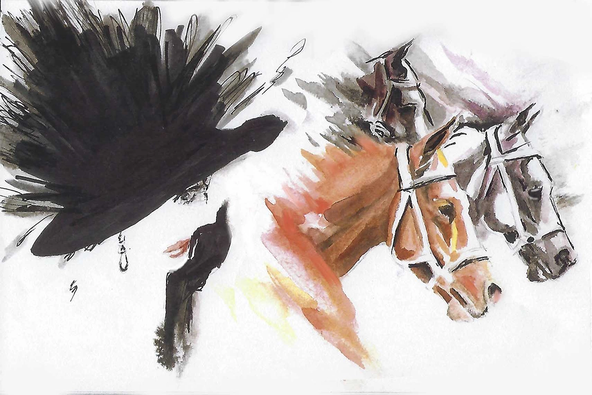 An expressive fashion mixed-media painting featuring a woman in a large, bold Kentucky Derby-style hat in the foreground, with three horses in motion behind her, rendered in vibrant, hand-mixed watercolors and ink.