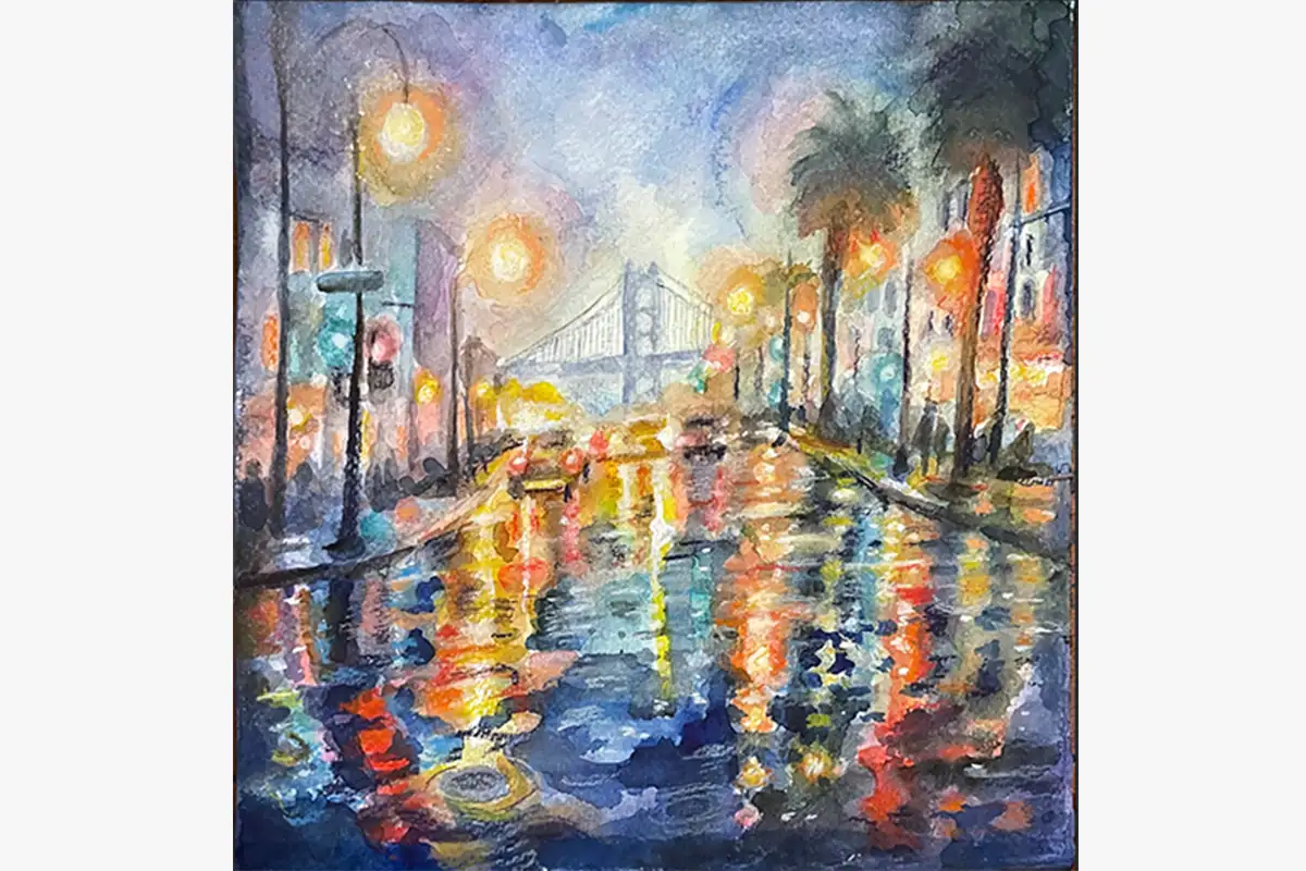 Watercolor painting of the Embarcadero in San Francisco during King Tides with reflections of city lights and the Bay Bridge in the background