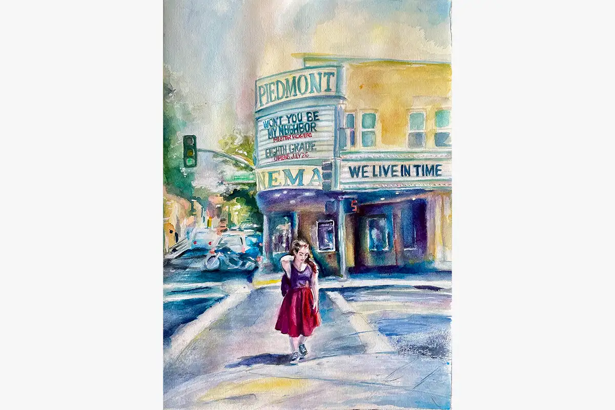 Watercolor painting of Piedmont Theater in Oakland with a woman walking across the street in front of the marquee