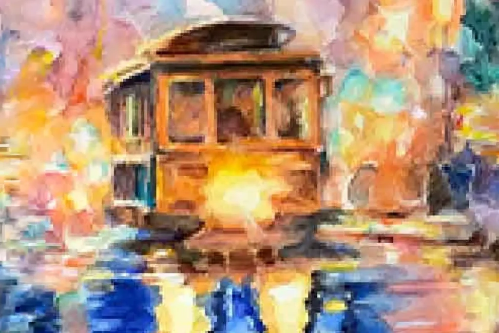 Watercolor painting of a San Francisco cable car moving through rain-soaked streets, with glowing reflections, city lights, and rippling water capturing urban atmosphere and motion.