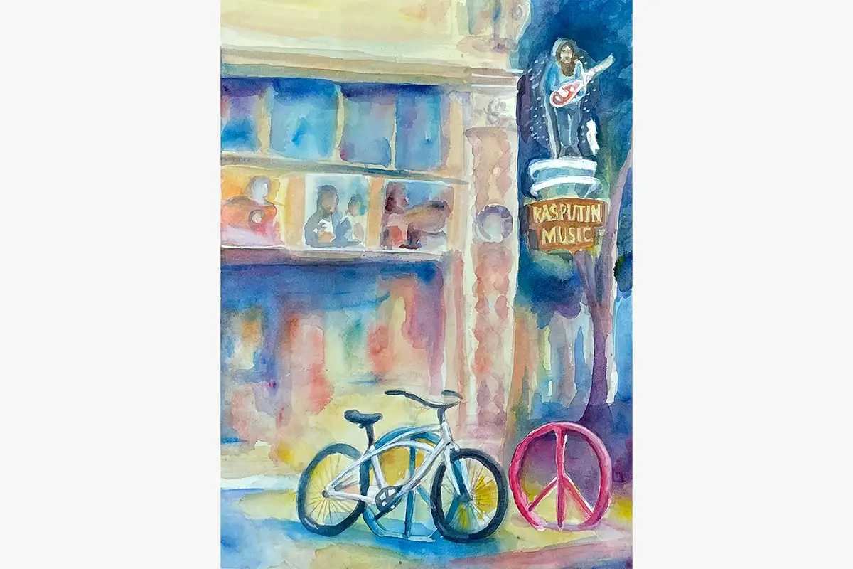 Watercolor painting of Rasputin Music in Berkeley with a bicycle and peace sign sculpture in the foreground