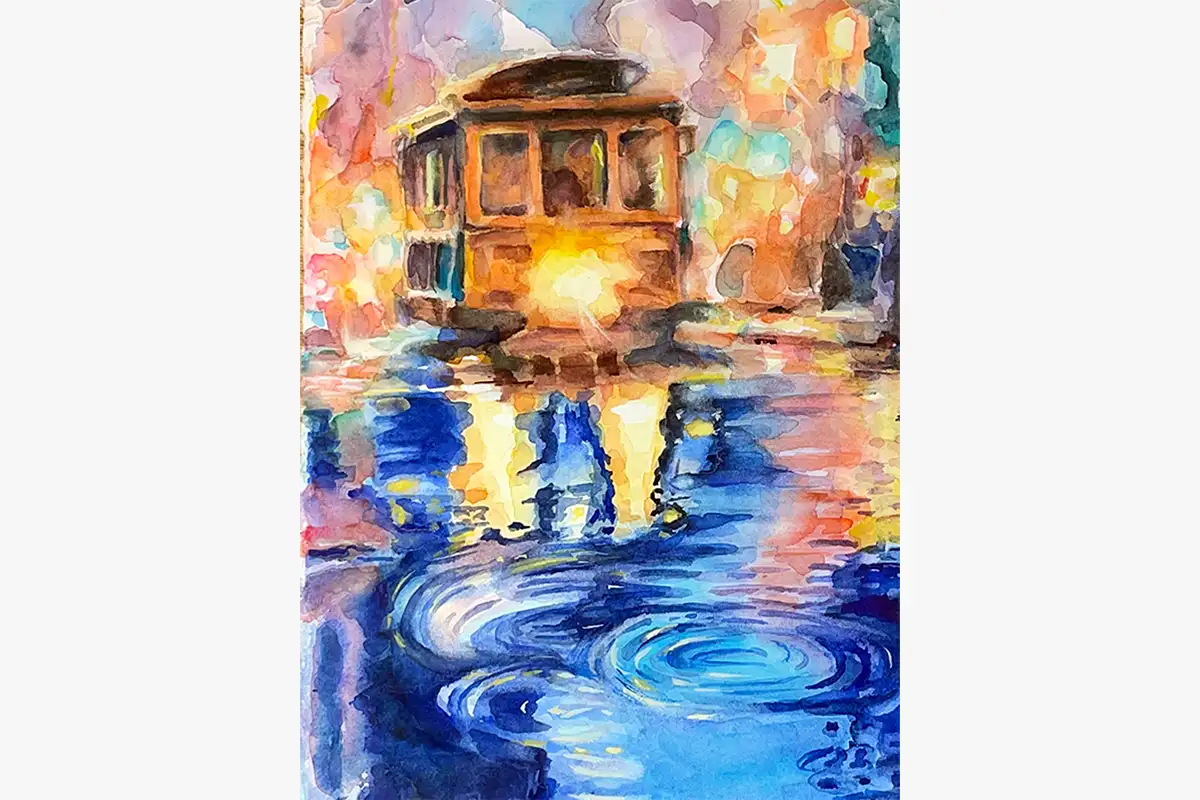 Watercolor painting of a San Francisco cable car at night with glowing lights and reflections in rain-soaked streets