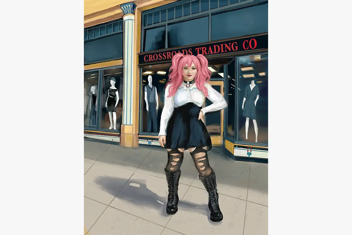 Framed illustration of a woman with pink hair standing outside Crossroads Trading in Berkeley, expressing urban identity and personal style