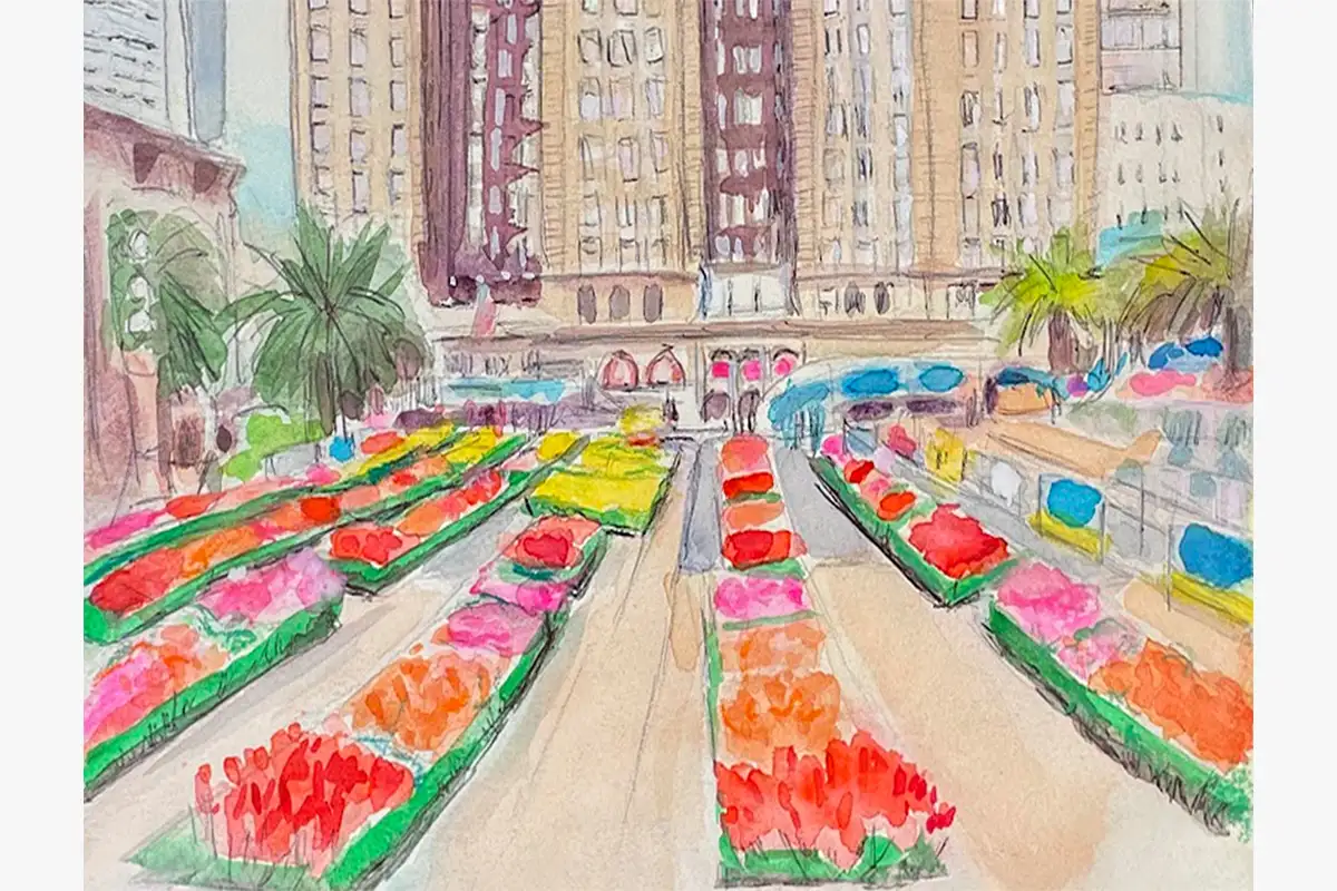 Watercolor painting of Union Square during Tulip Day in San Francisco, with rows of colorful flowers leading toward city buildings