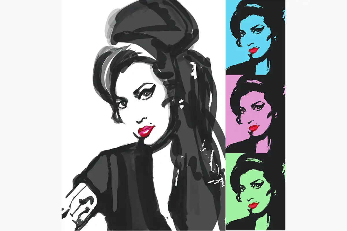 Stylized pop-art inspired illustration of Amy Winehouse featuring dramatic eyeliner, dark beehive hair, and vivid red lips with color variation panels in blue, pink, and green by Liza Dzines