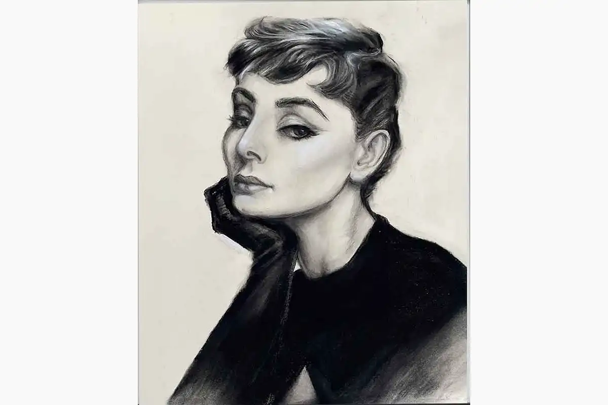 Elegant charcoal portrait drawing of Audrey Hepburn, classic Hollywood inspired artwork