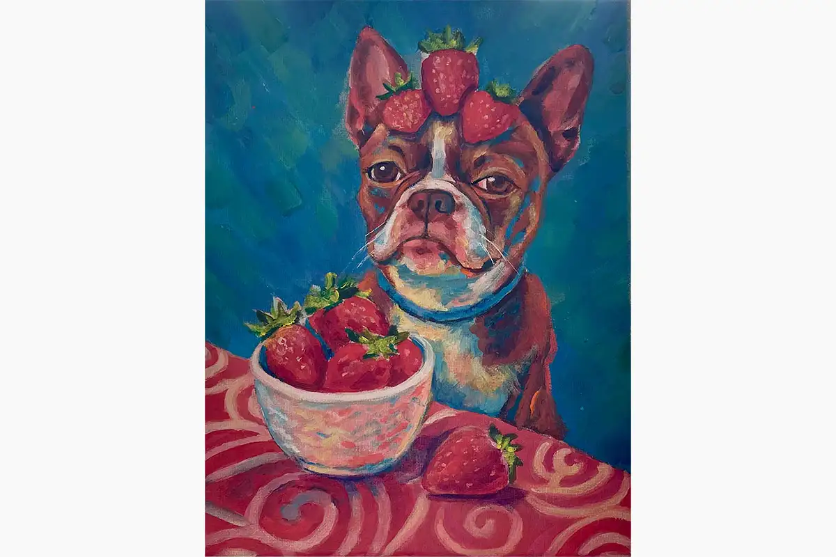 Boston Terrier with strawberries on head and in bowl, vibrant custom pet portrait painting by Liza Dzines
