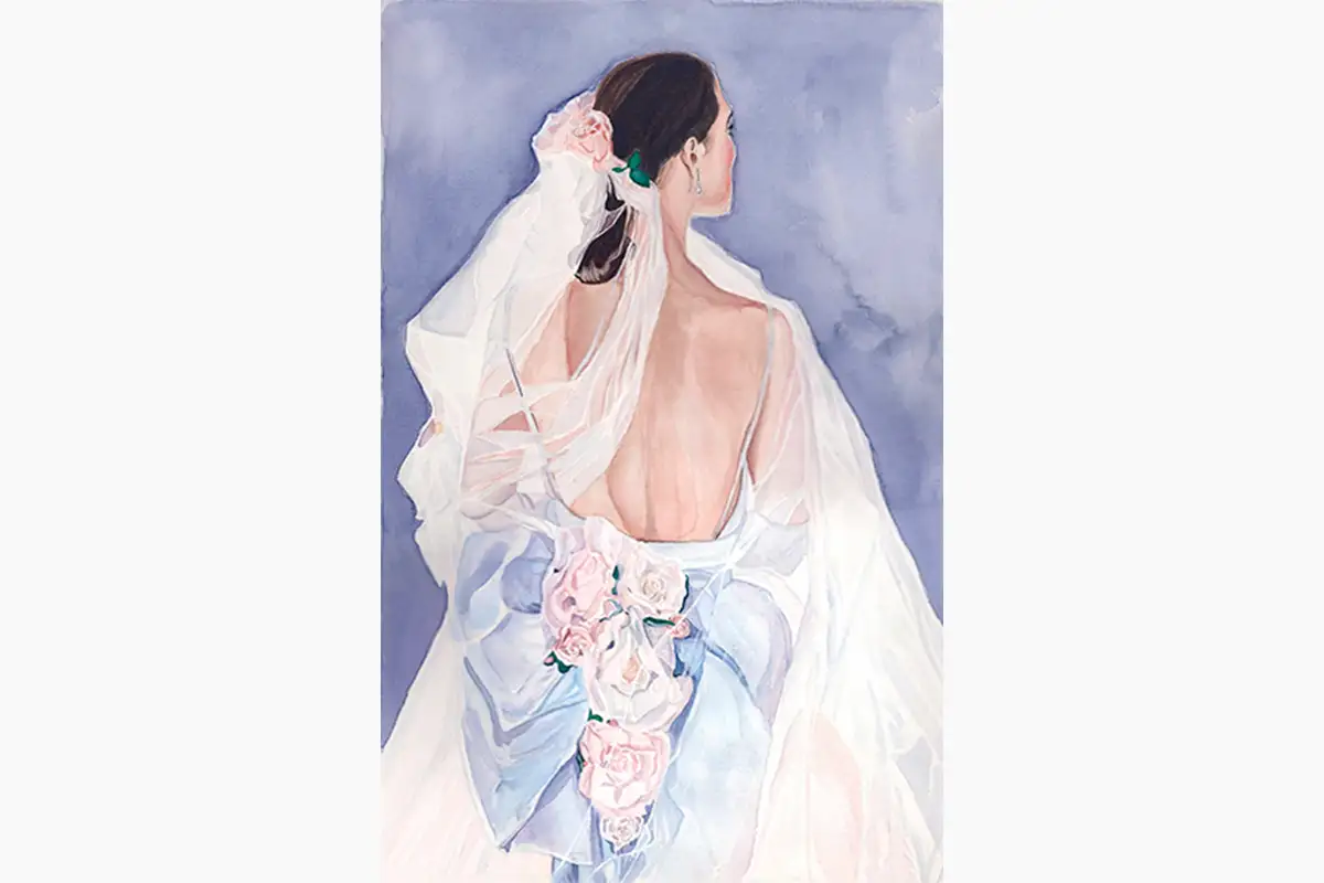 Delicate watercolor painting of bride from behind with flowing veil and pastel floral details