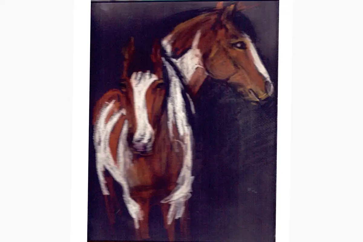 Expressive pastel drawing of a buckskin pinto horse with companion horse against a dark background, equine artwork by Liza Dzines