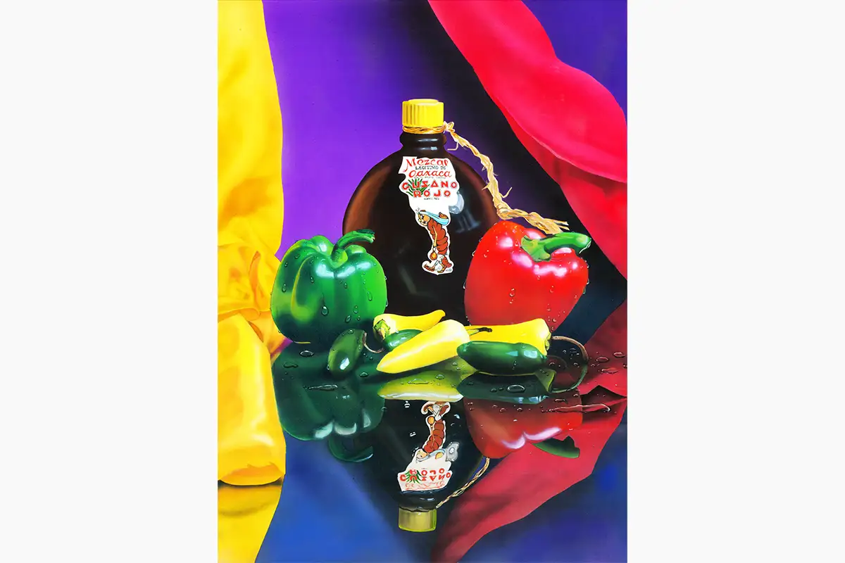 Colorful mezcal still life illustration with peppers and reflective surface, vibrant artwork by Liza Dzines
