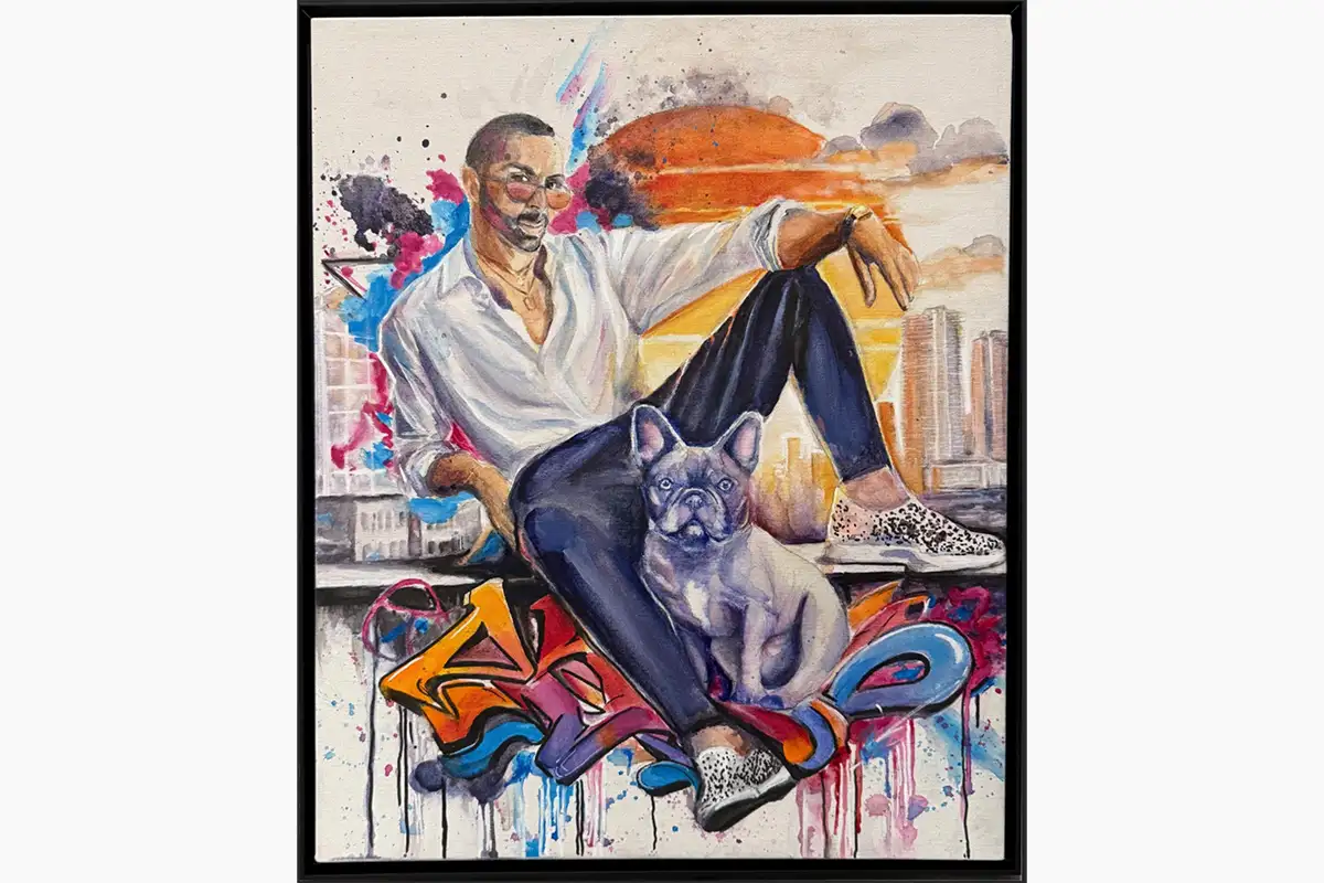 Miami-inspired urban graffiti portrait with French Bulldog, colorful contemporary acrylic artwork