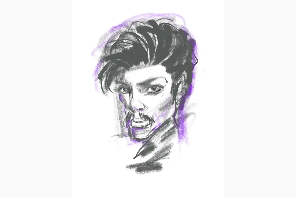 Expressive caricature portrait of Prince with purple accents artwork