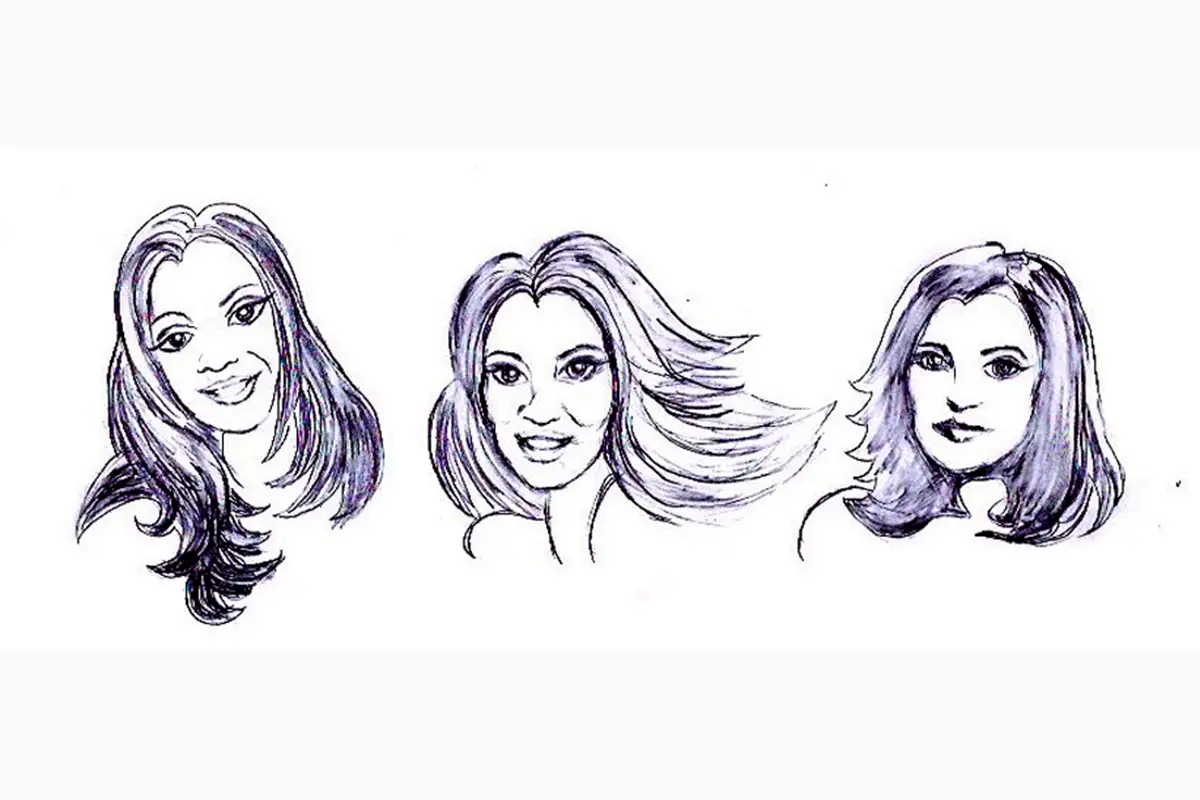 Series of expressive self-portrait character sketches featuring stylized female faces and flowing hair, ink drawing studies by Liza Dzines