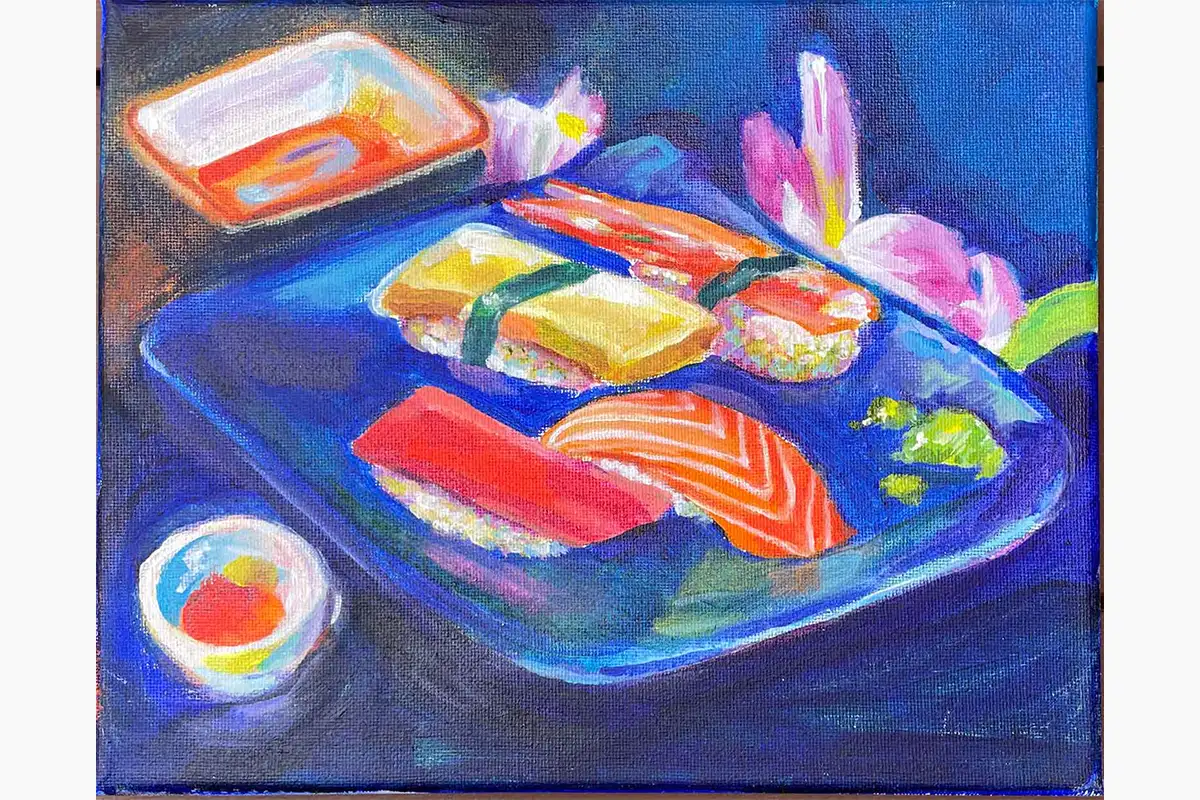 Vibrant sushi still life with salmon, tuna, and rolls on blue plate, contemporary food painting