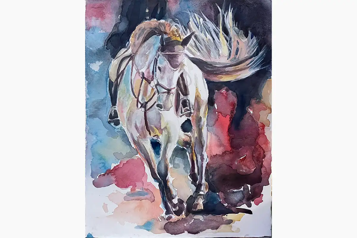 Expressive colorful watercolor dressage horse and rider, dynamic equestrian artwork