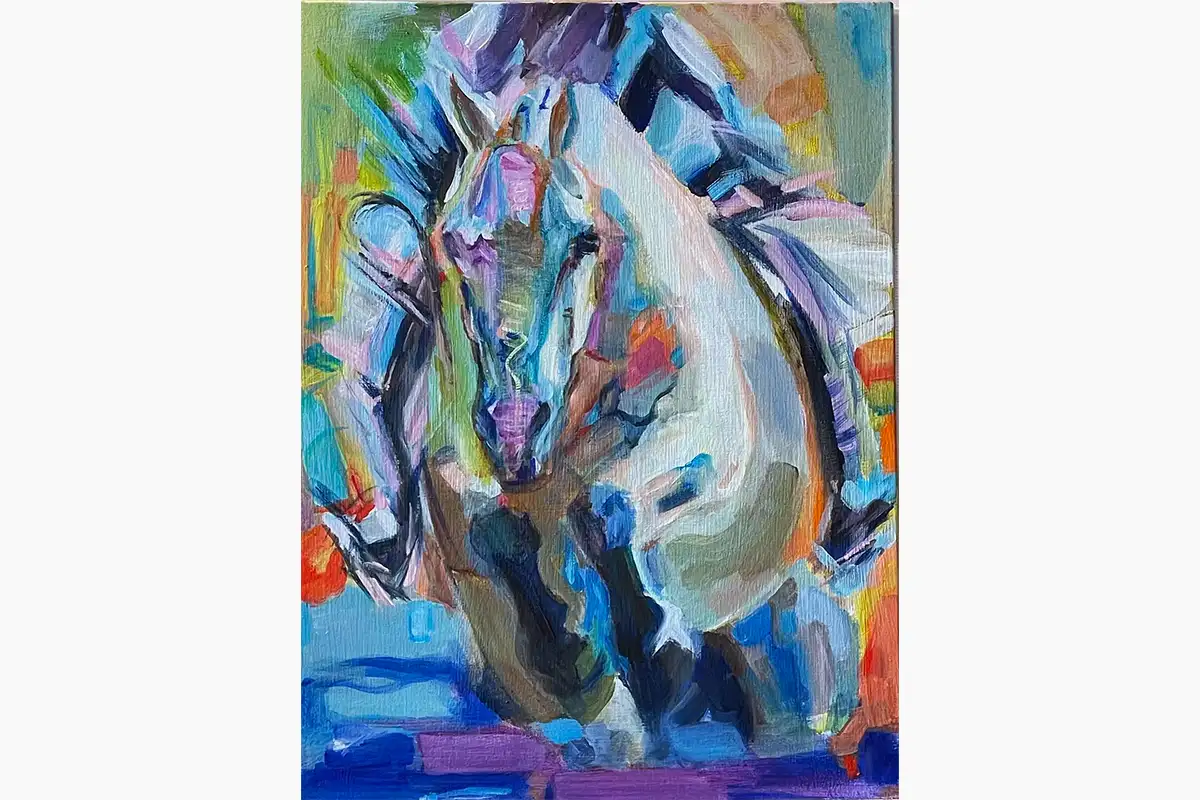 Abstract white horse mid-jump in cross country course, vibrant expressive equine artwork