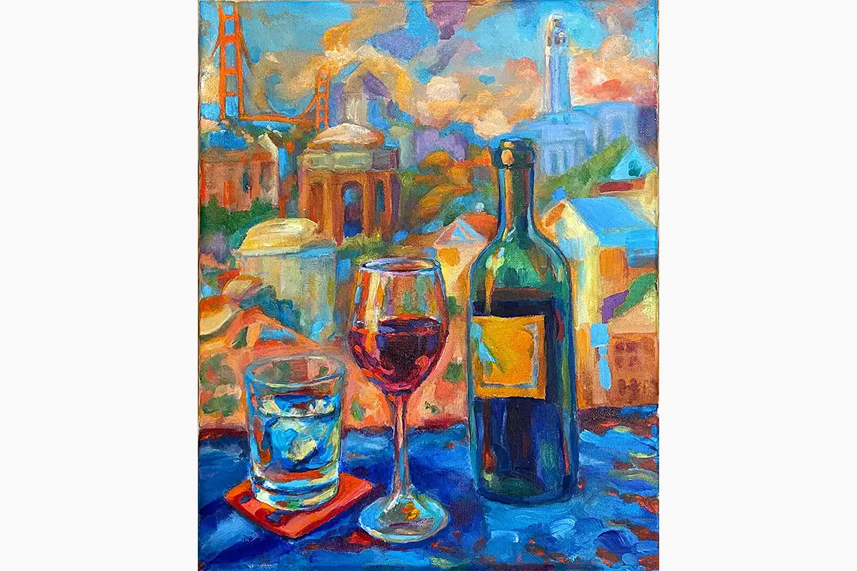 Colorful wine still life inspired by North Beach Pizza in Berkeley, featuring the Golden Gate Bridge, Coit Tower, and expressive San Francisco cityscape acrylic painting
